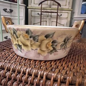 Antique Floral Ceramic Butter Bowl with Gold Painted Handles